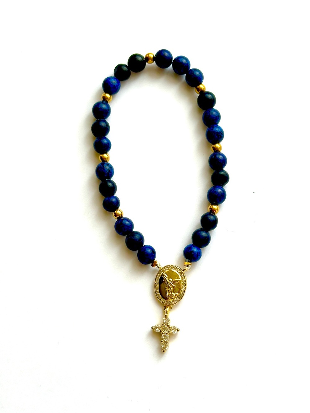 Gold Medal & Blue Lapis Beaded Bracelet with Cross Charm St Michael